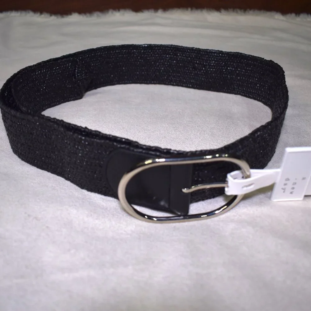 A New Day Black Woven Stretch Belt – Size Large Silver Buckle